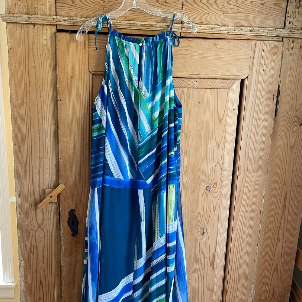 Mod geometric blue/green maxi sundress